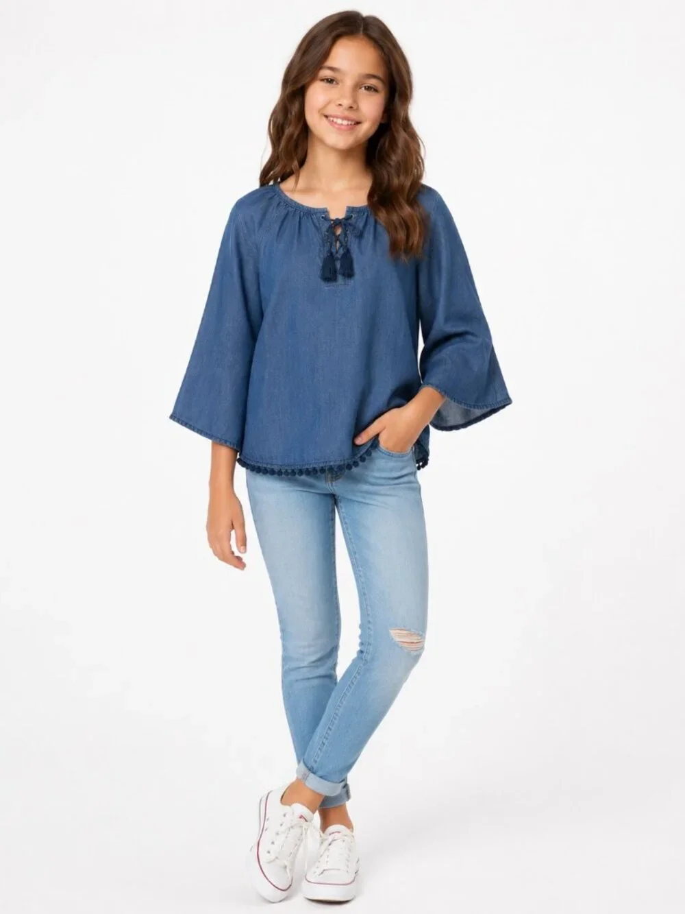 Justice Girls Chambray Lace Up Bell Sleeve Peasant Top Blue Size 18-20